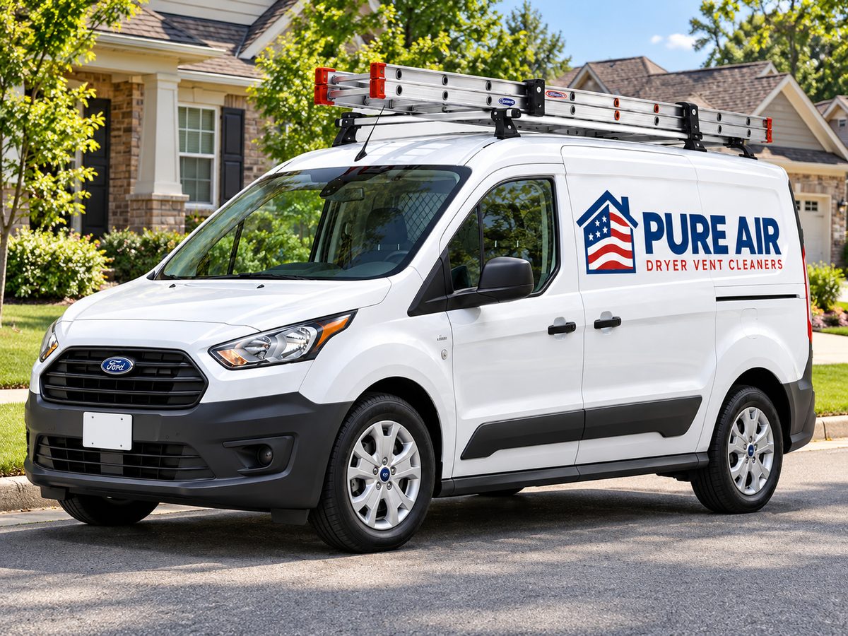 Pure Air service van, a white Ford Transit Connect with a ladder on the roof rack and Pure Air Dryer Vent Cleaners lettering on the side