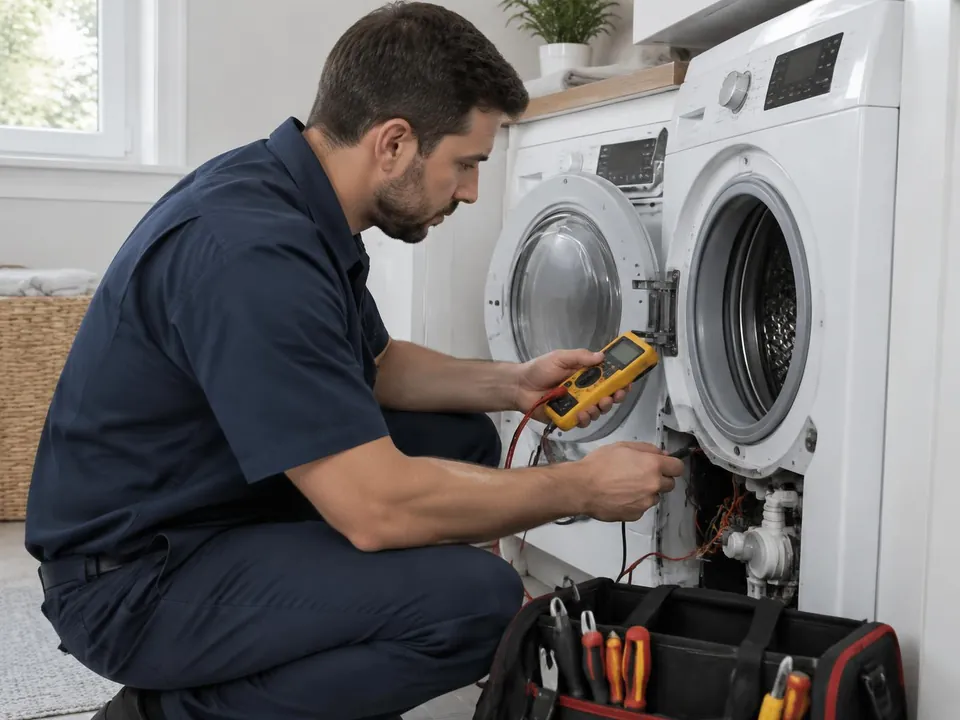 Appliance technician testing a component on a front-load washer with a multimeter