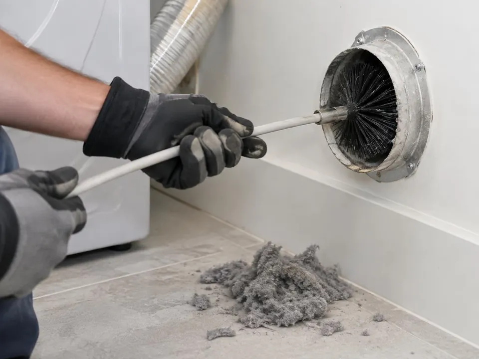 Rotary brush cleaning lint from a residential dryer vent duct